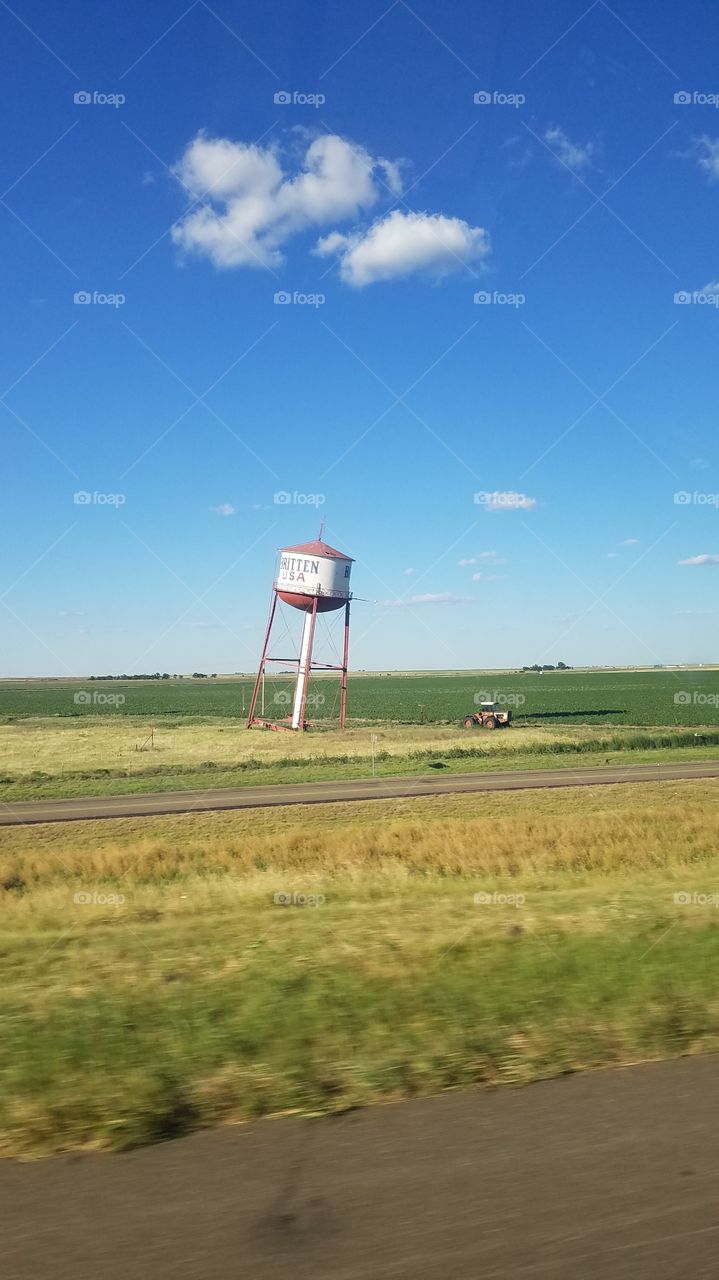 Leaning water tower in Midwest America.