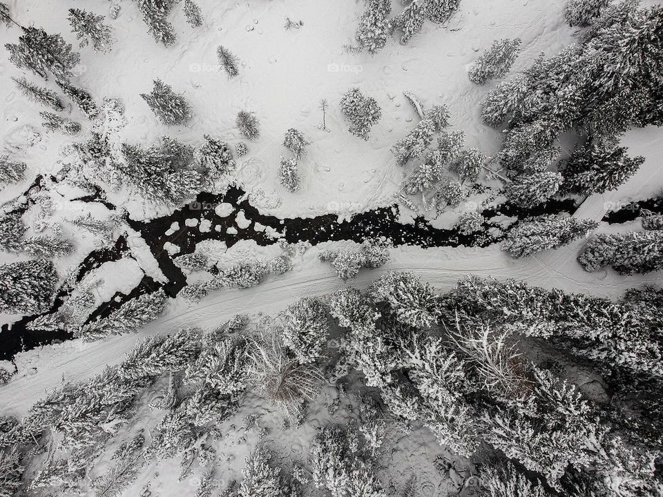 Drone shot from a white winterlandscape