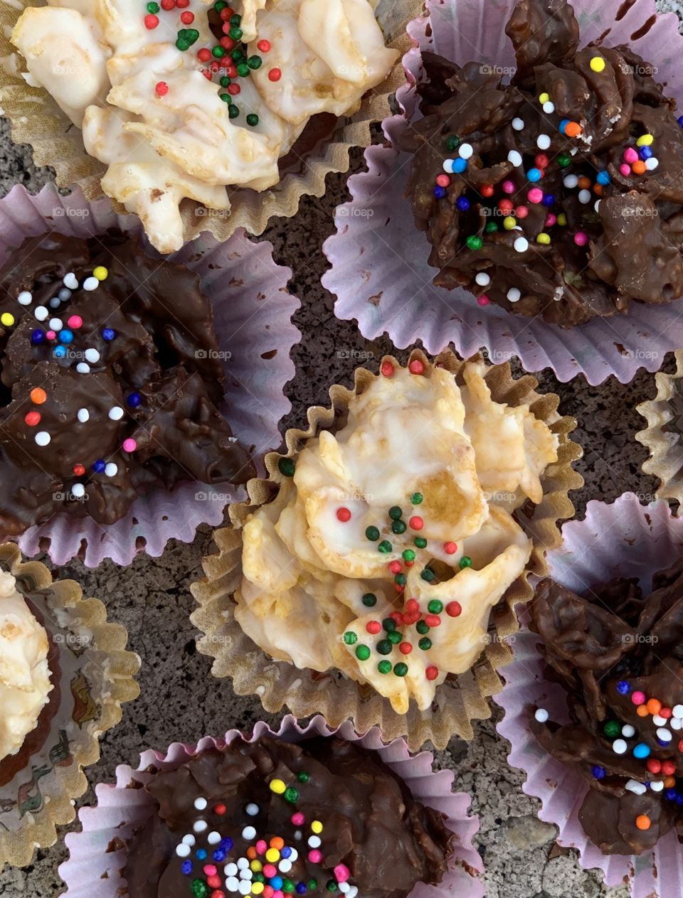 Dark Chocolate and white chocolate cornflakes crunch in rainbow colours celebration party 