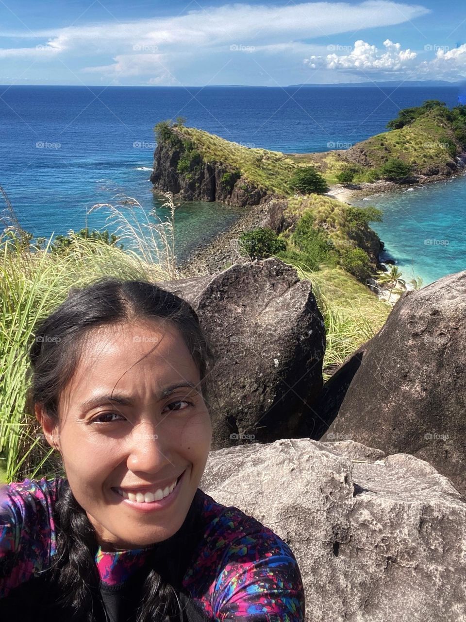 Woman’s selfie at Sambawan Island Maripipi Biliran, Philippines. Tropical place tourists destination.