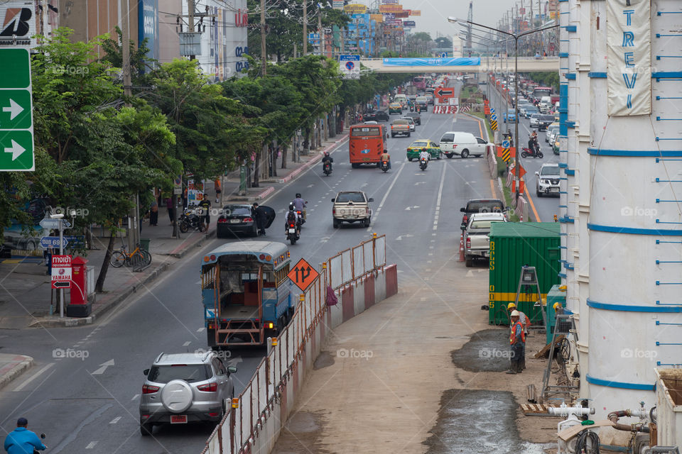 Construction of the BTS public train on the road in Bangkok Thailand 