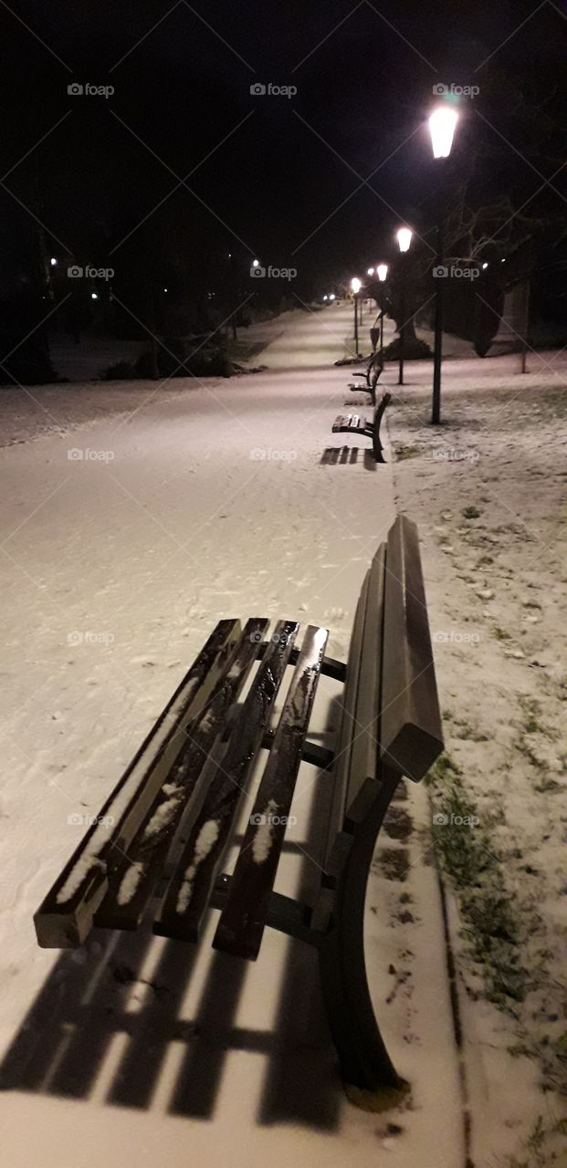 banc enneigé au parc Barbieux