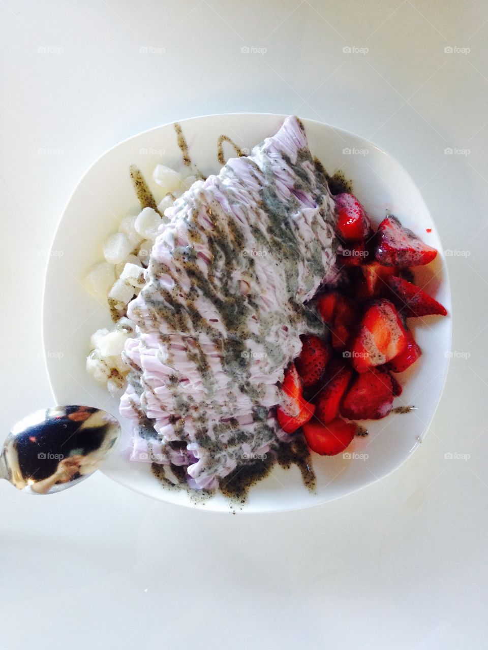 Taiwanese Shave Ice. Taro Taiwanese shave ice with strawberries and mochi