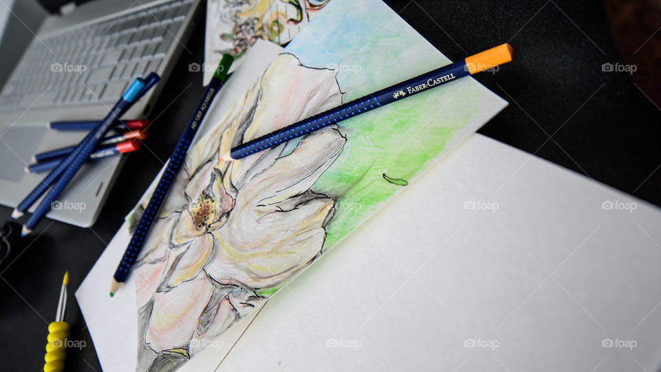 Low angle view of Faber-Castell Art Grip Aquarelle Colored watercolor pencils sketch closeup spring flower with sketchbook on table with laptop and coffee conceptual work life balance, creativity, hobby artist lifestyle photography