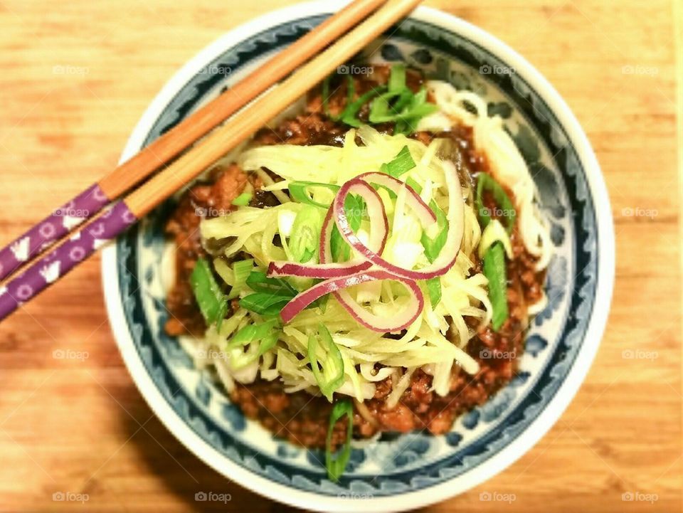 Asian noodles with savory marinated ground pork