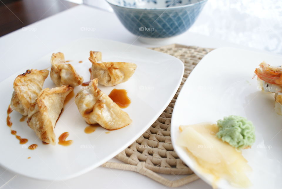 High angle view of fried dim sum