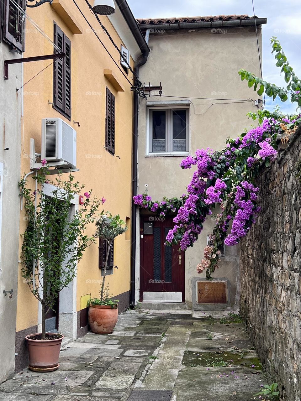 Peaceful walk in the town of Koper, Slovenia. A quiet moment on a colorful Sunday morning. 