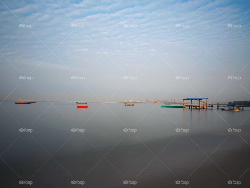 Anchored fishing boats.