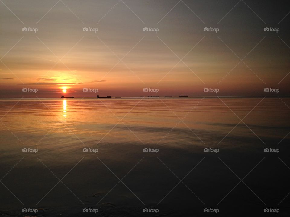 Beautiful sunrise over the sea. The Baltic Sea view in Poland 