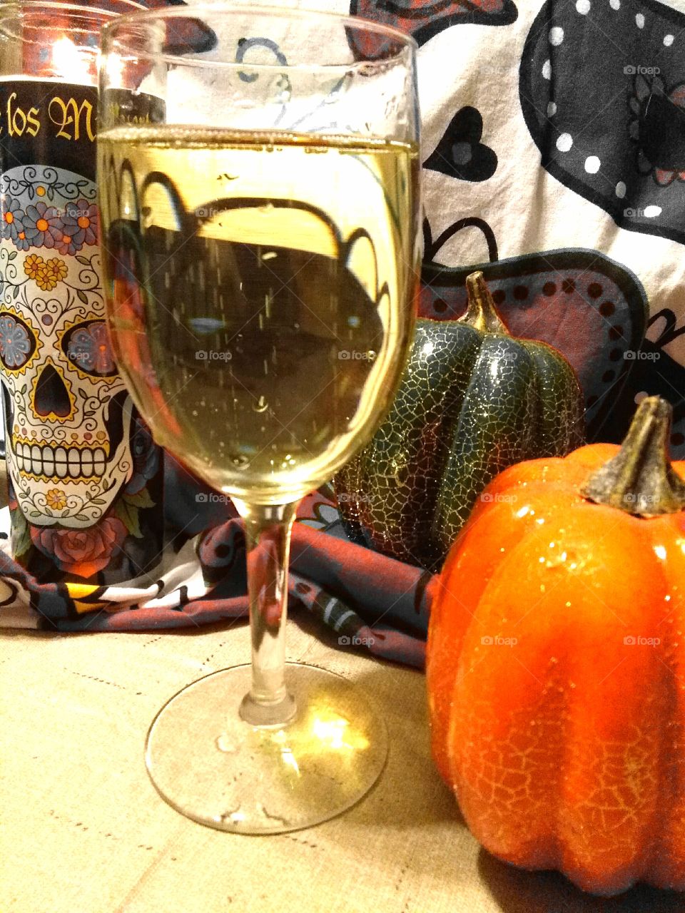 Halloween decorations and champagne