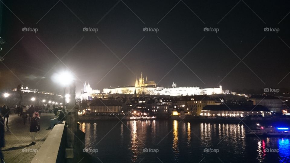 prague during the night - castle from bridge - evening