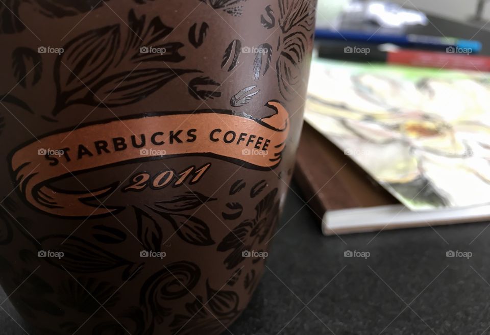 Vintage Starbucks coffee mug with art journal and artists sketch in background Starbucks lifestyle photography 