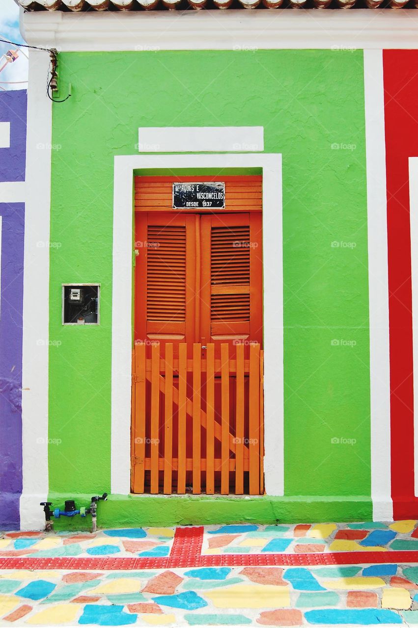 Green frame of wood door 