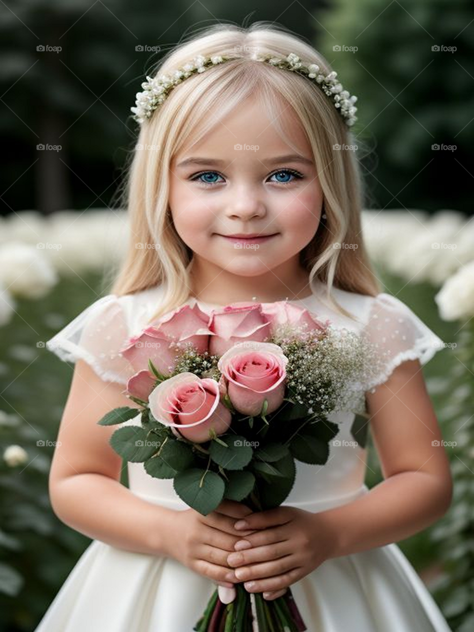 Beautiful blonde girl holding a bouquet of roses