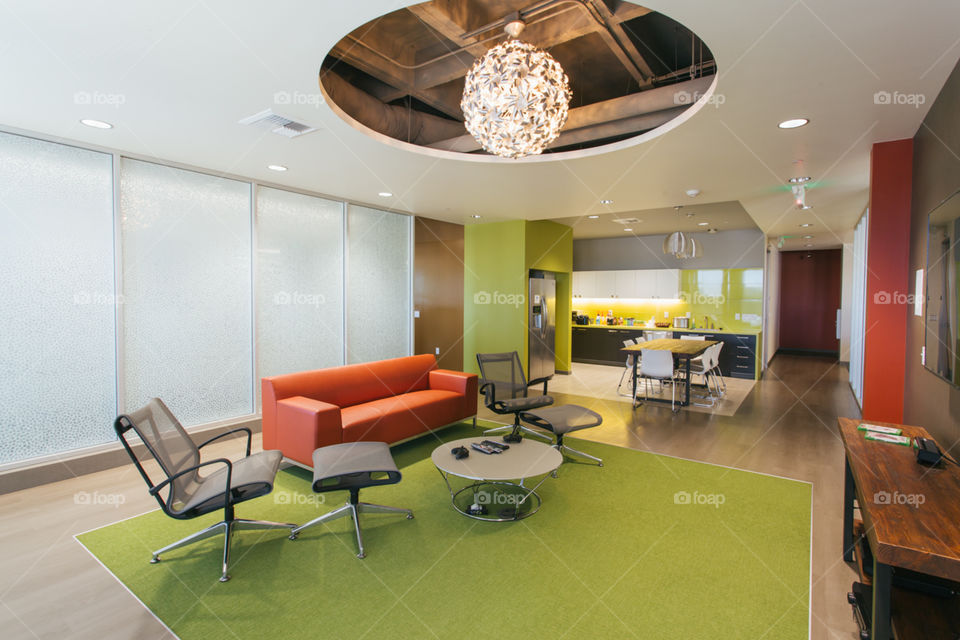 Interior of a modern office break room 