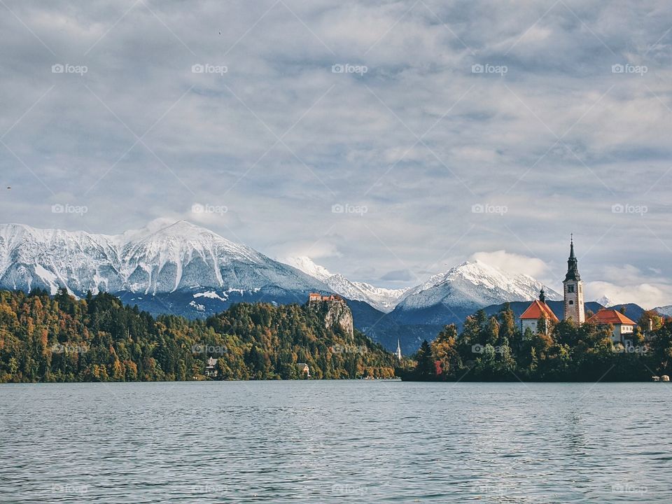 Scenic view of the mountain peaks above the lake Bled.