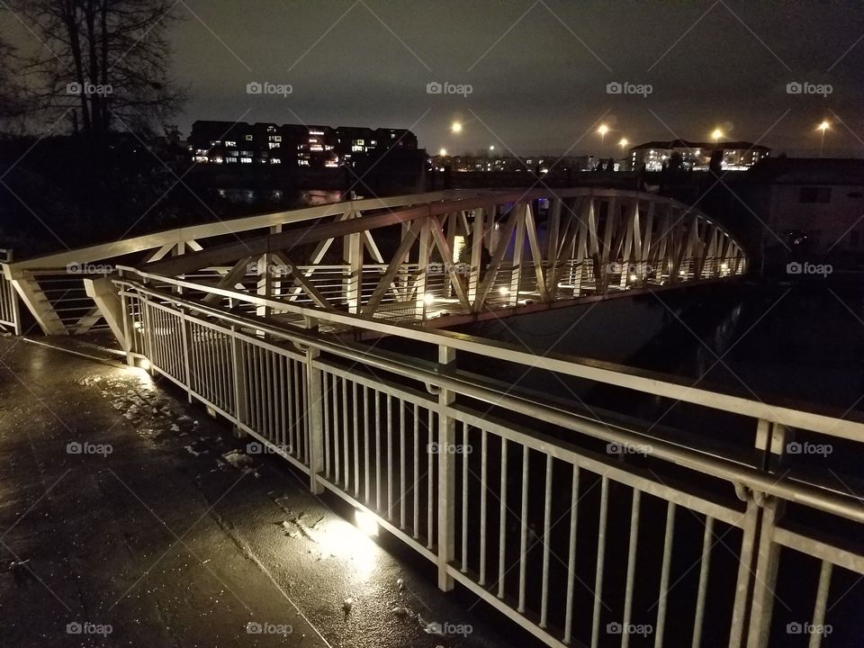 Bridge down to house boats on the Columbia River in Portland, OR