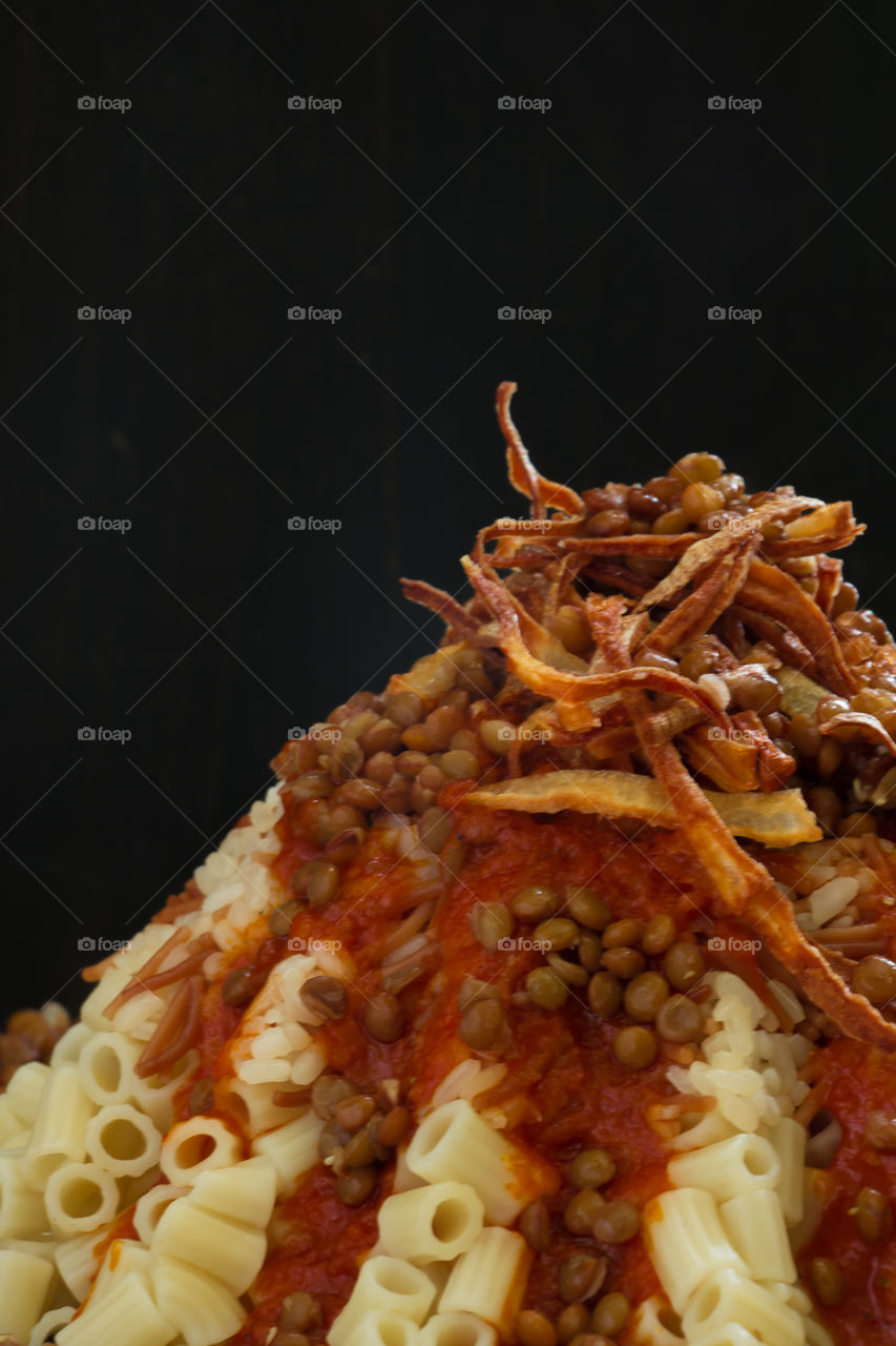 Koshary meal. Typical and cheap Egyptian lunch meal.