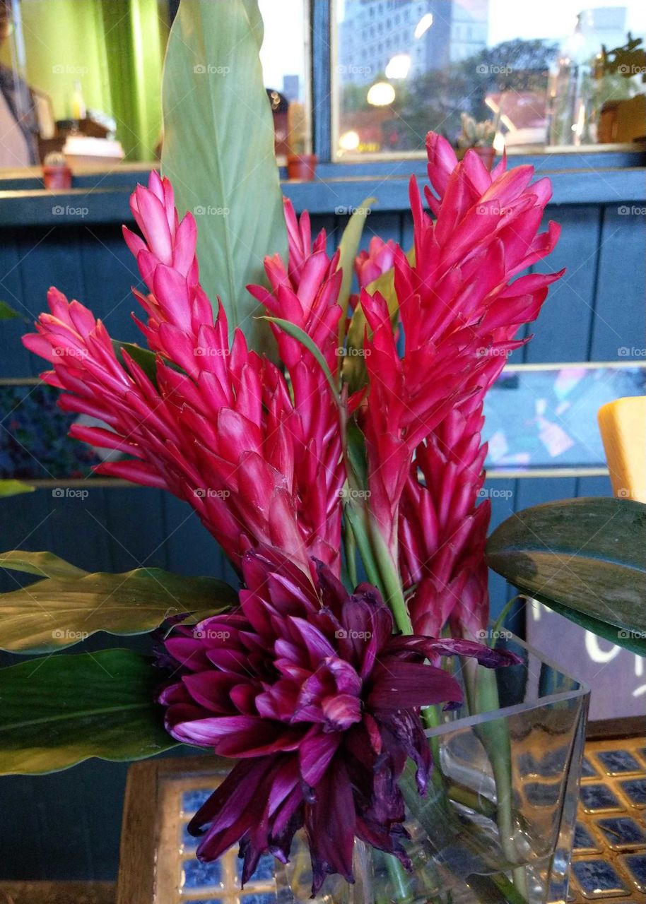 A decoration of the restaurant entrance, this red and purple flowers of Scarelet banana bouquet are beautiful, brillint, bright, very charming.