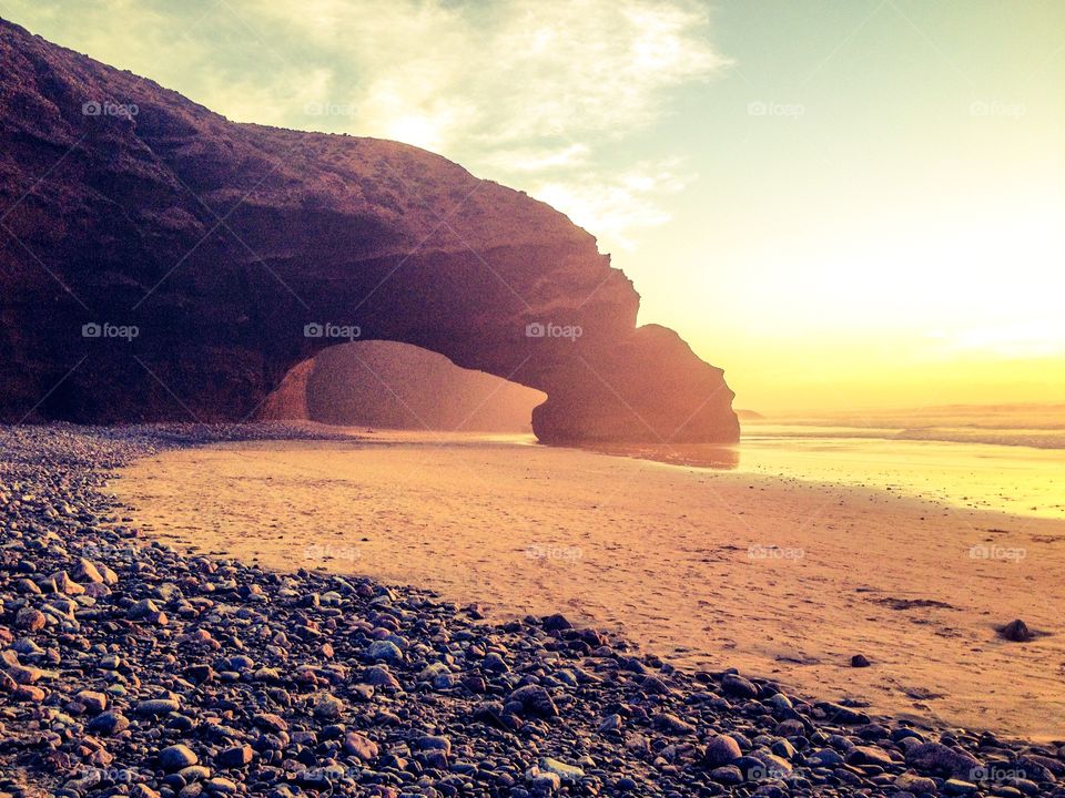 Arcs of Legzira. Legzira beach in the evening 