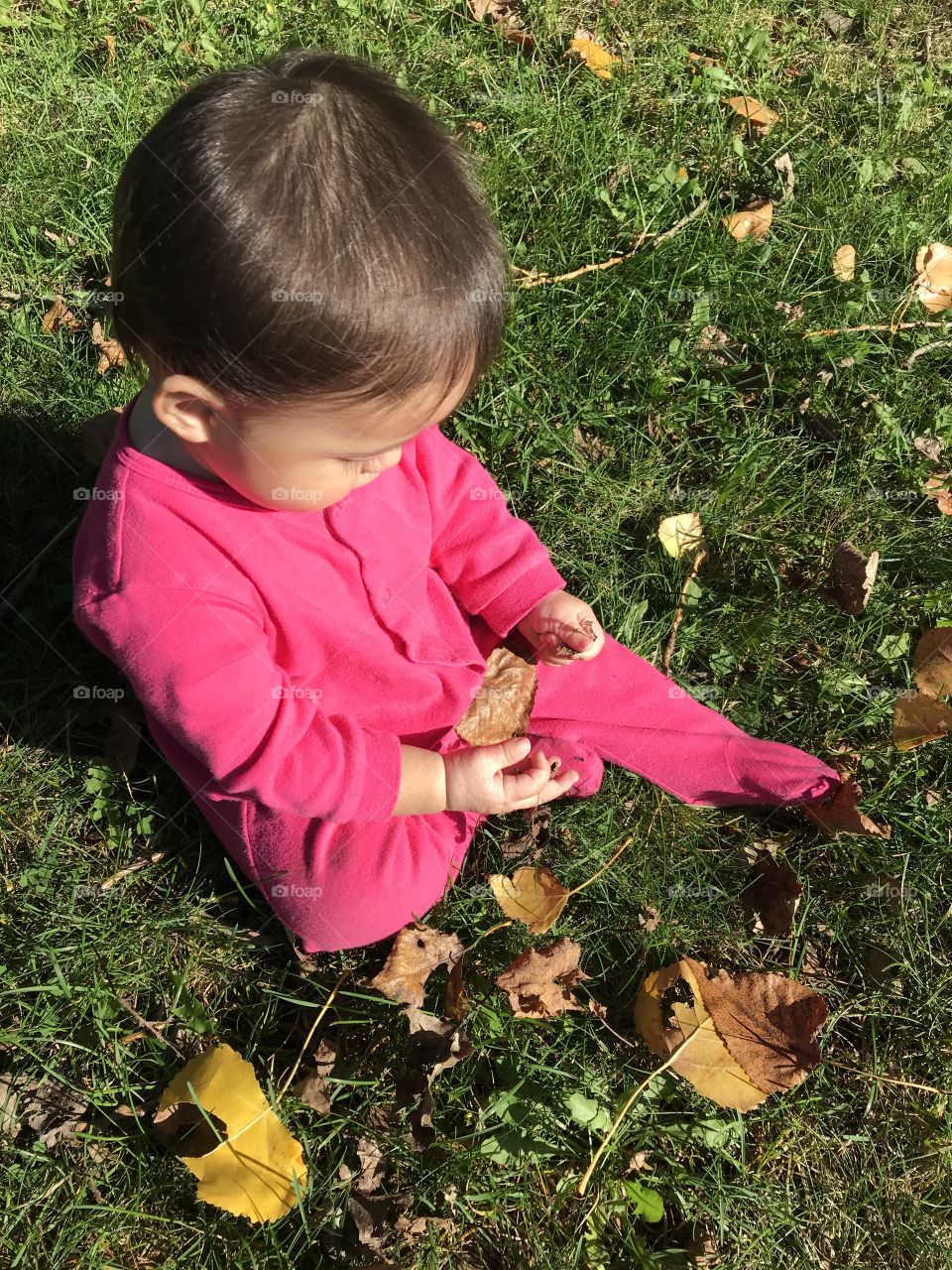 Baby girl playing with leaves in Fall