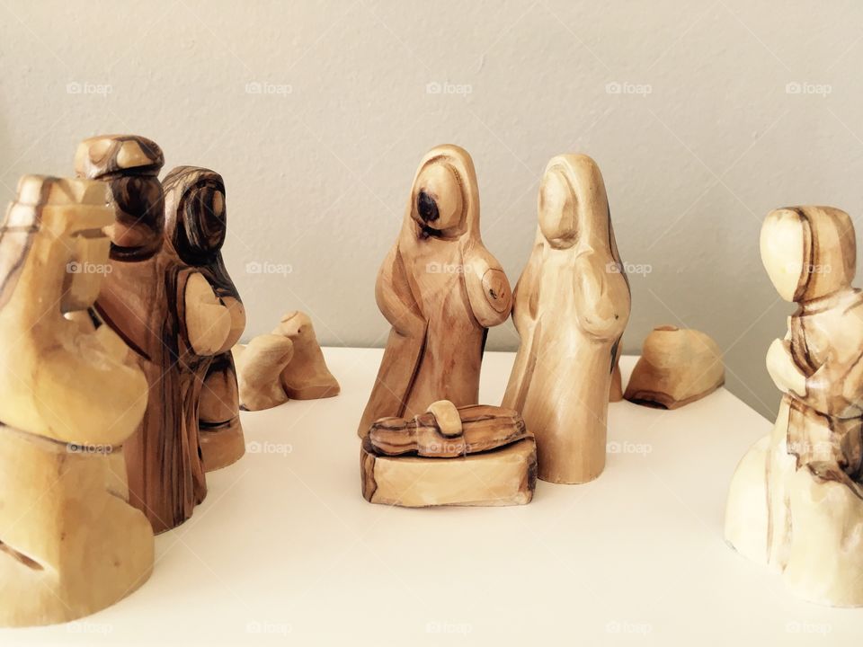 The nativity scene made with olive tree wood 