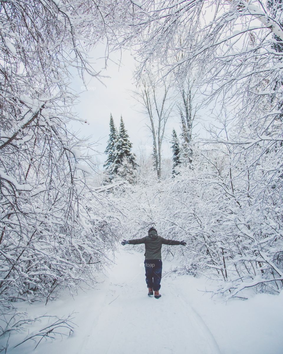 A young man through a massive snowy forest on a beautiful hiking trail