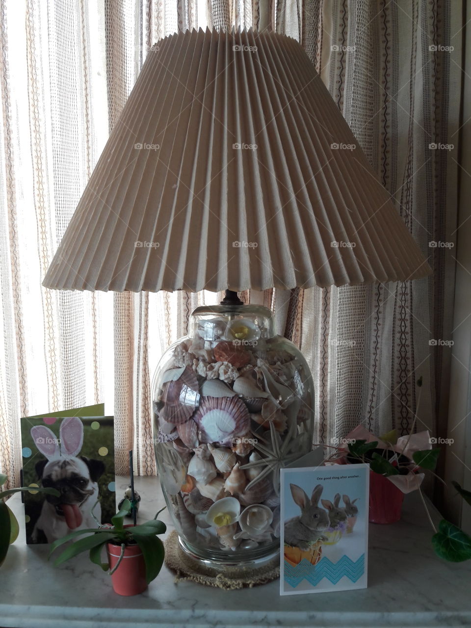 Table lamp,  lamp shade, seashells,