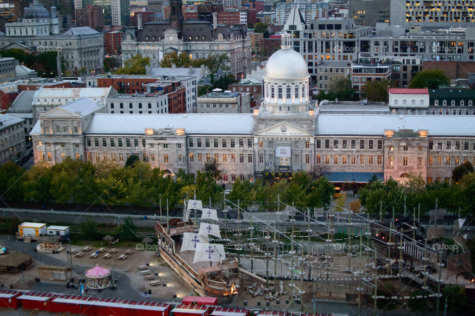 Old Port of Montreal elevated view of Historic Montreal tourist area 