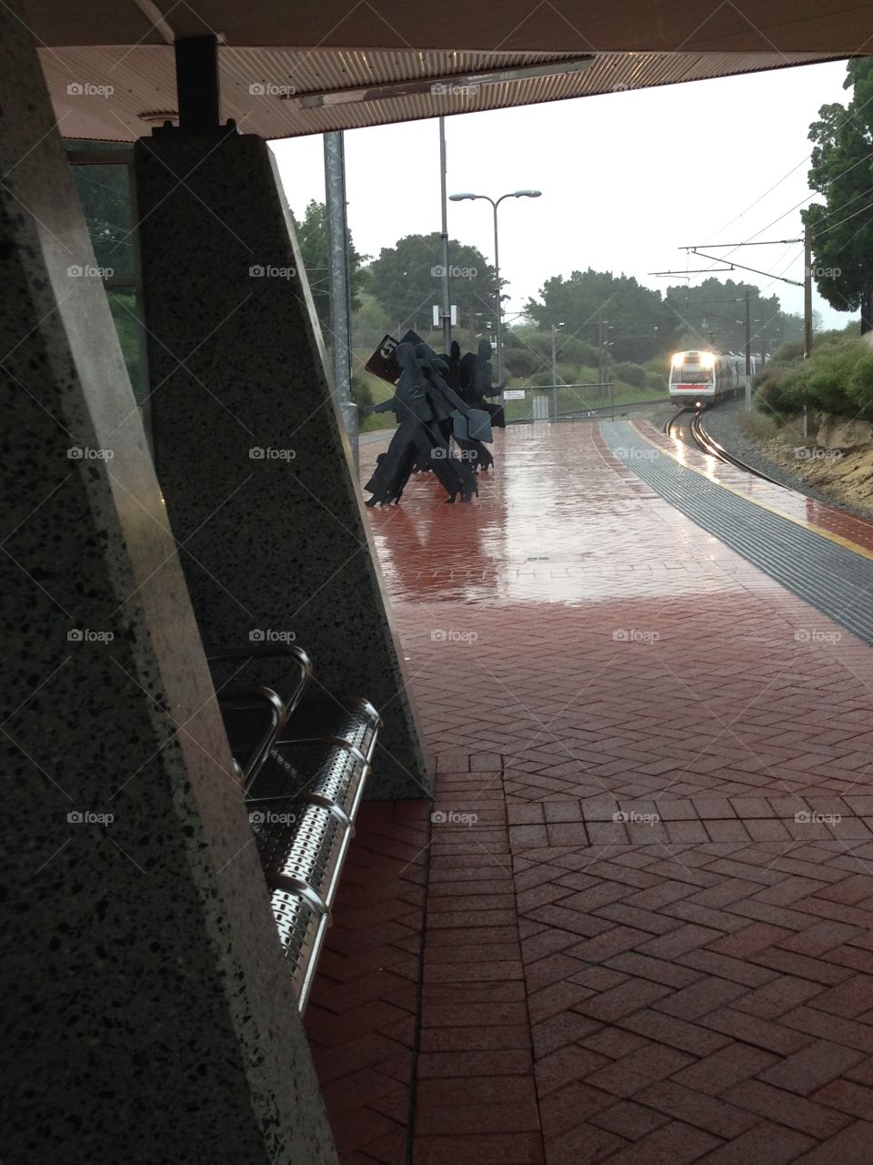 Rainy day at the train station. 