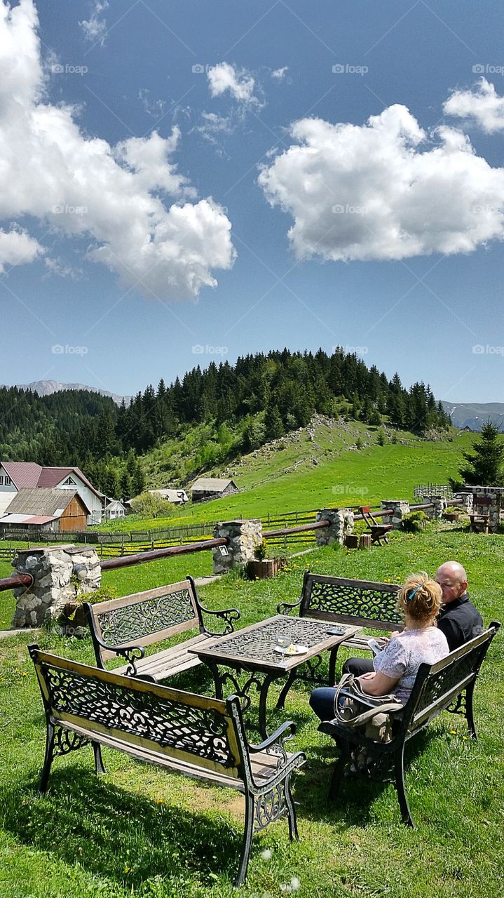 Couple sitting on bench in grassy landscape