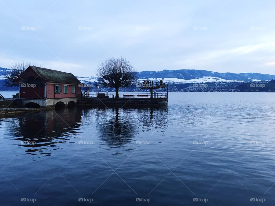 Reflection of tree and house on lake in winter