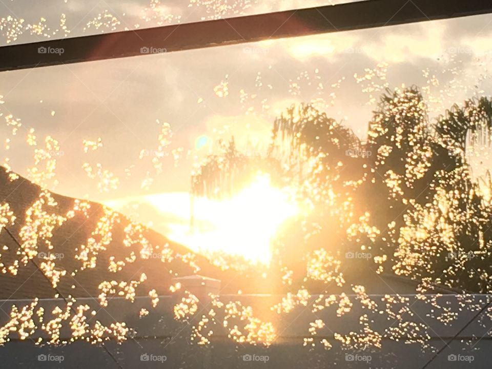 Sun rising through the raindrops and palm trees in Florida through a screen 