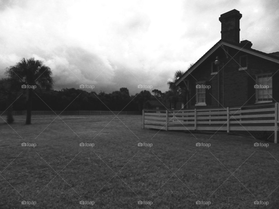 Lighthouse grounds. Black and white photo from ponce inlet lighthouse grounds 