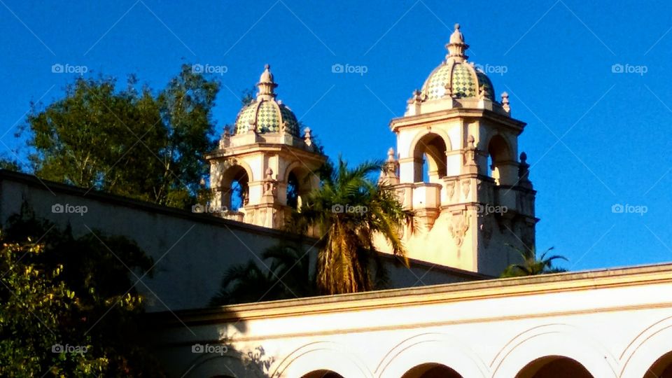 Twin cupolas above the plaza of the Botanical Building, Balboa Park