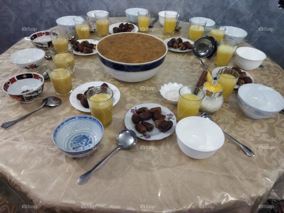 Moroccan table in Ramadan month:  Soup. Date and eggs.