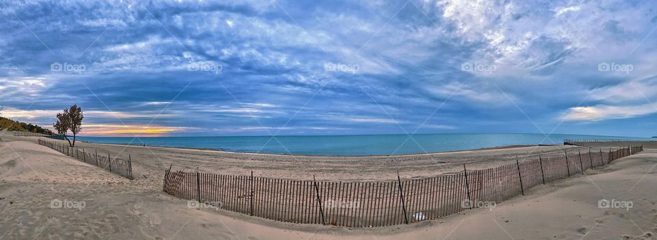 Beach landscape in Michigan, beaches in Michigan, empty beach panorama, blue sky and beach