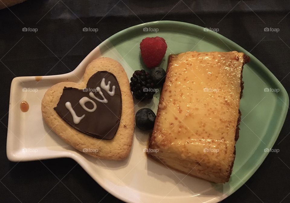 Love cake on dessert plate