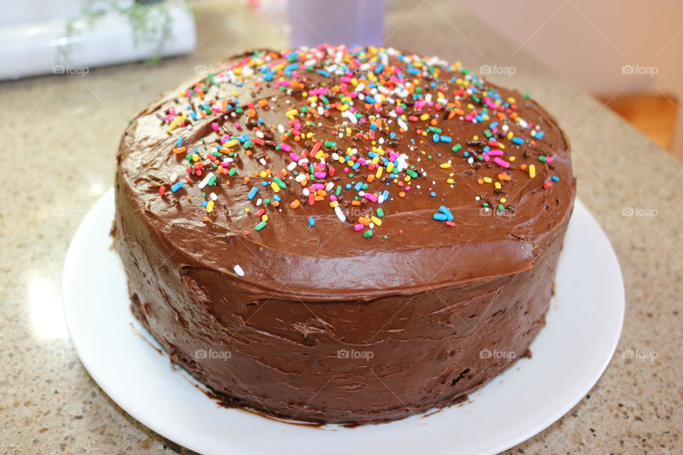 Chocolate cake with chocolate icing and candy sprinkles. 