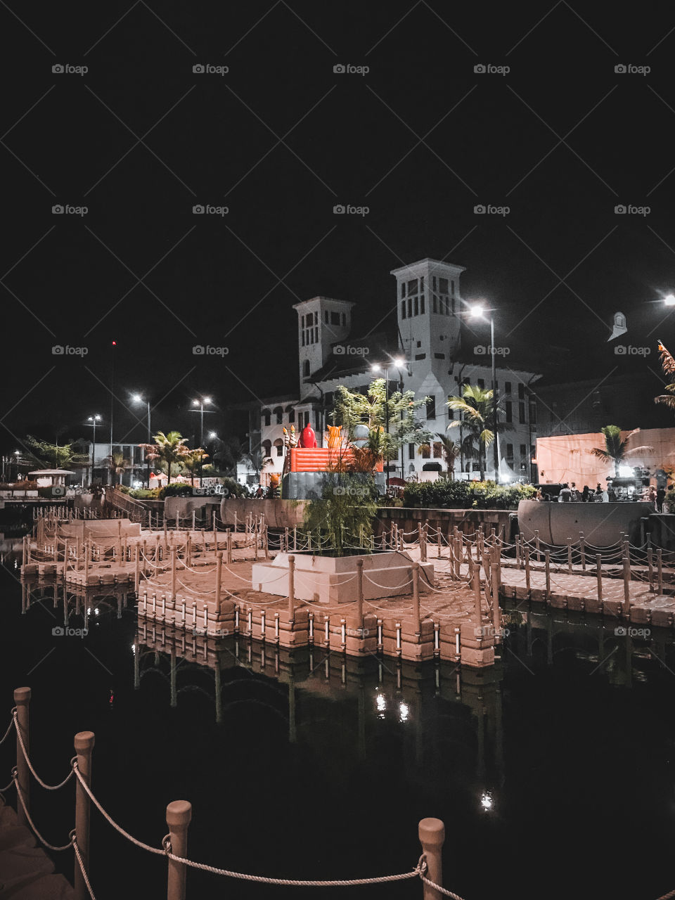 Night view of town square in the city