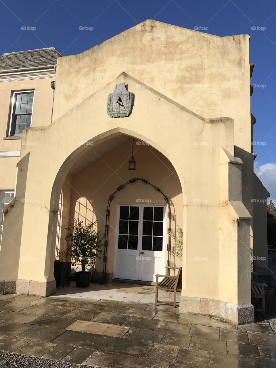 One of three external photographs of Pentillie Castle in Cornwall, UK. An elegant framework of a building, that dates back to the 17th century.