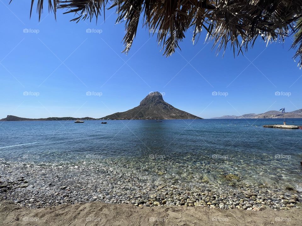 The view from Masouri beach at Kalymnos island of Telendos. 