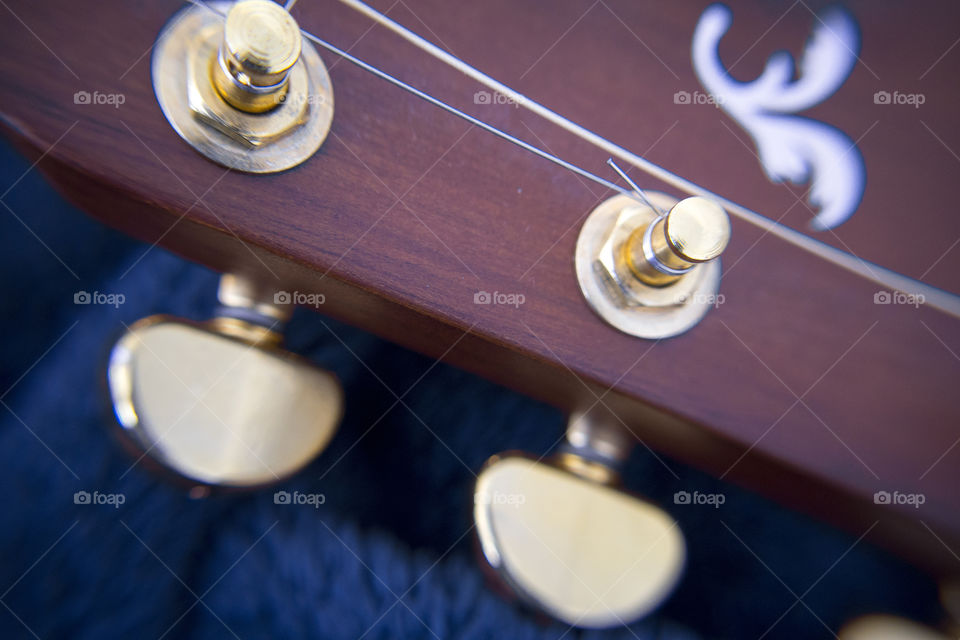 Macro Photo of Acoustic Guitar Headstock Strings and Tuning Knobs