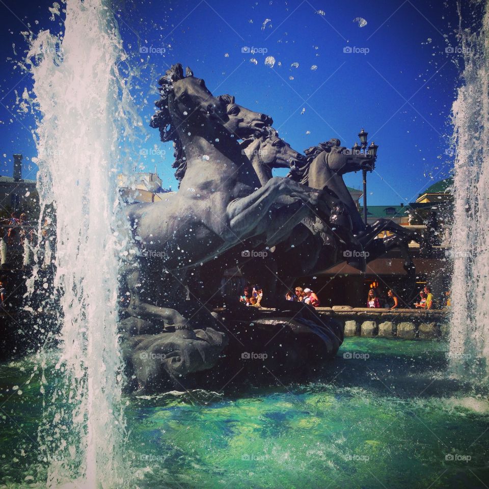 Moscow water feature . Horse monument in Moscow's red square 