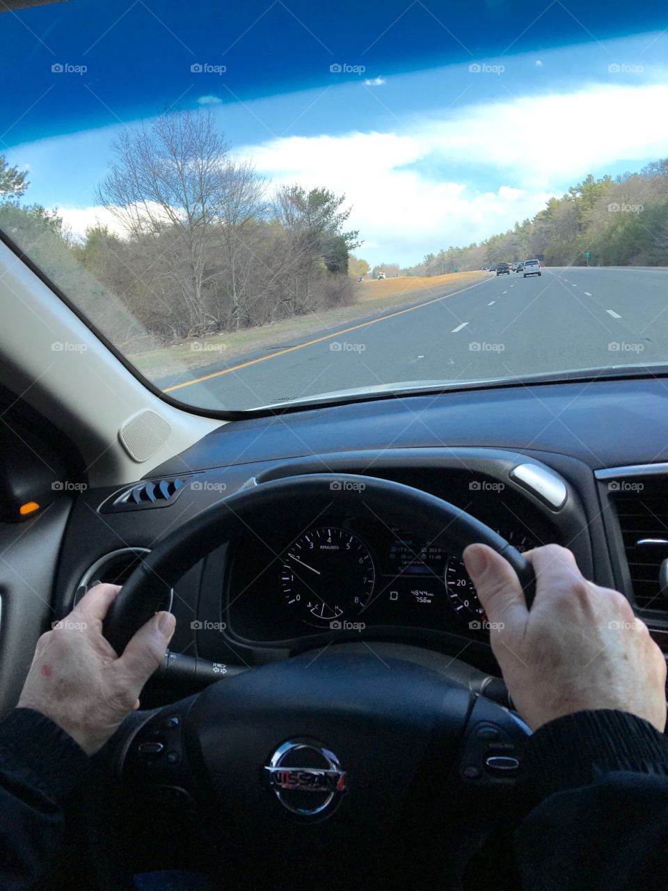 View from drivers seat going down highway!

My husband's hands on our Nissans steering wheel as we drive on divided three lane highway. Trees still have no leaves on them even though today was the 1st day of Spring.