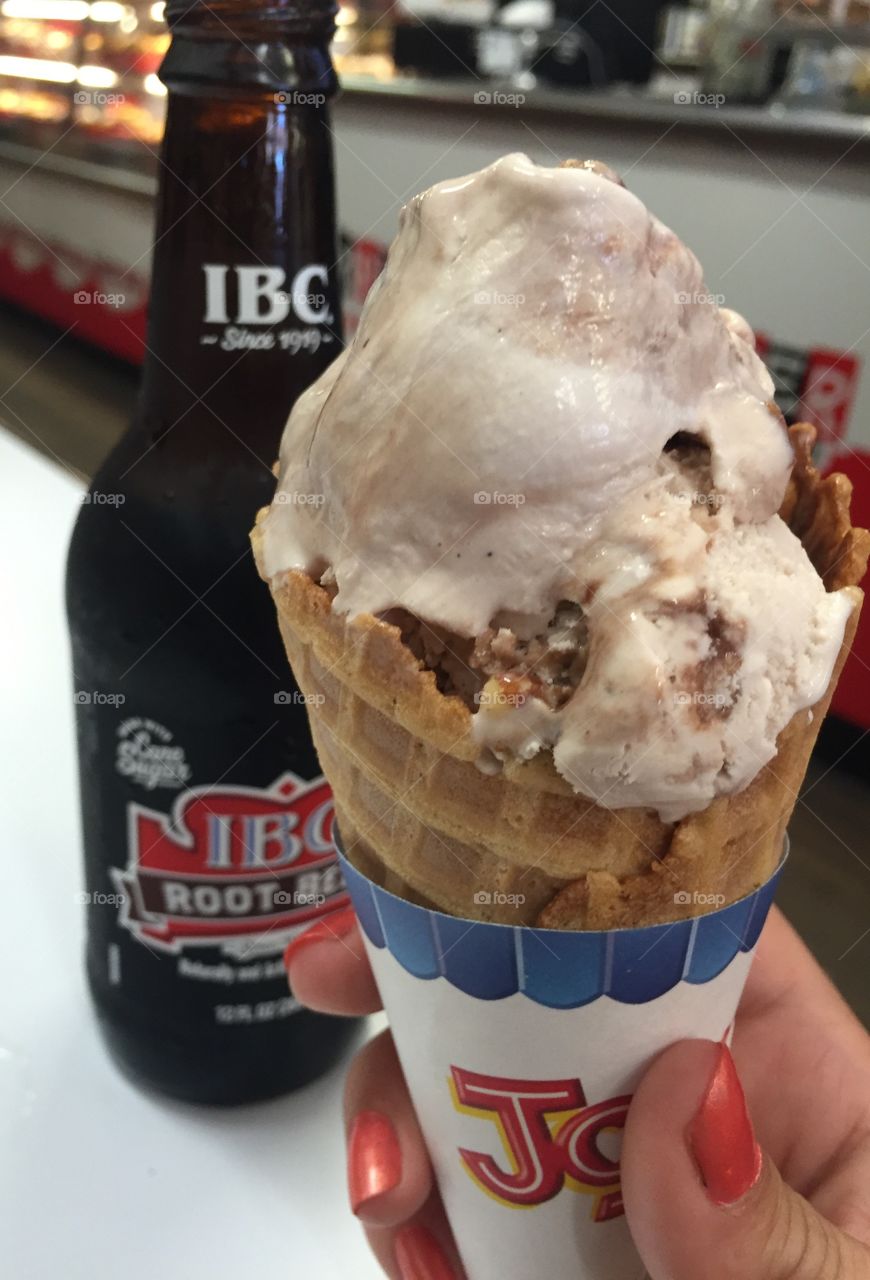 Waffle cone with an ibc root beer makes for a special treat on a hot summer day!