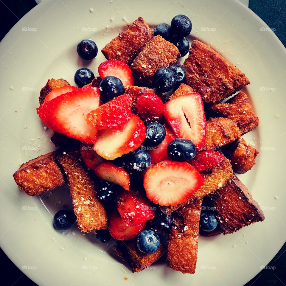Strawberries And Blueberries On French Toast, Fruit For Breakfast, Delicious Fresh Fruit Topping For French Toast 