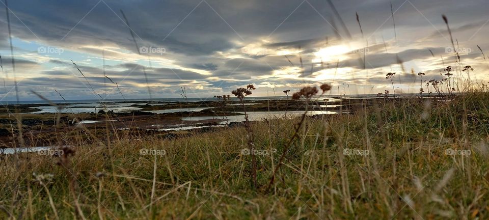 Exploring the nature. gorgeous sunset over the lowtide ocean shore, down by the beach in a small village.