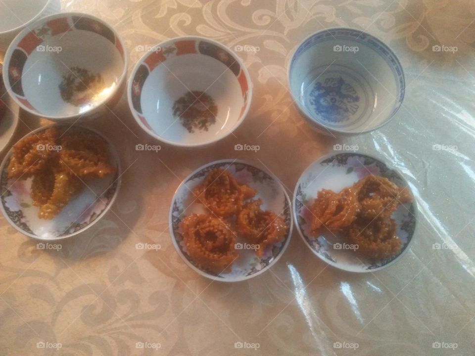 Moroccan table in Ramadan month  of fasting:  bowls and dates