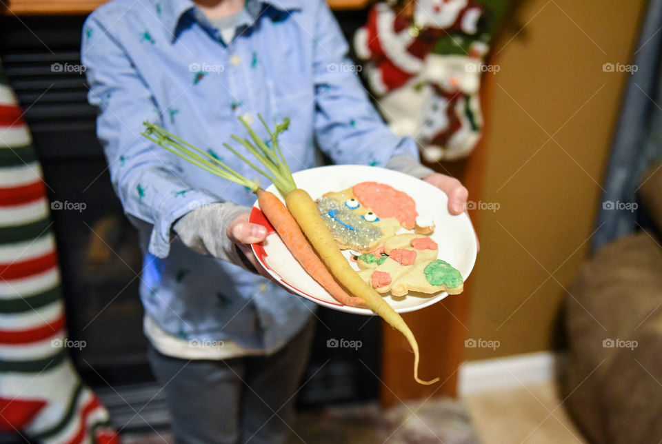 Young boy holding out a plate of Christmas cookies and carrots for Santa and reindeer